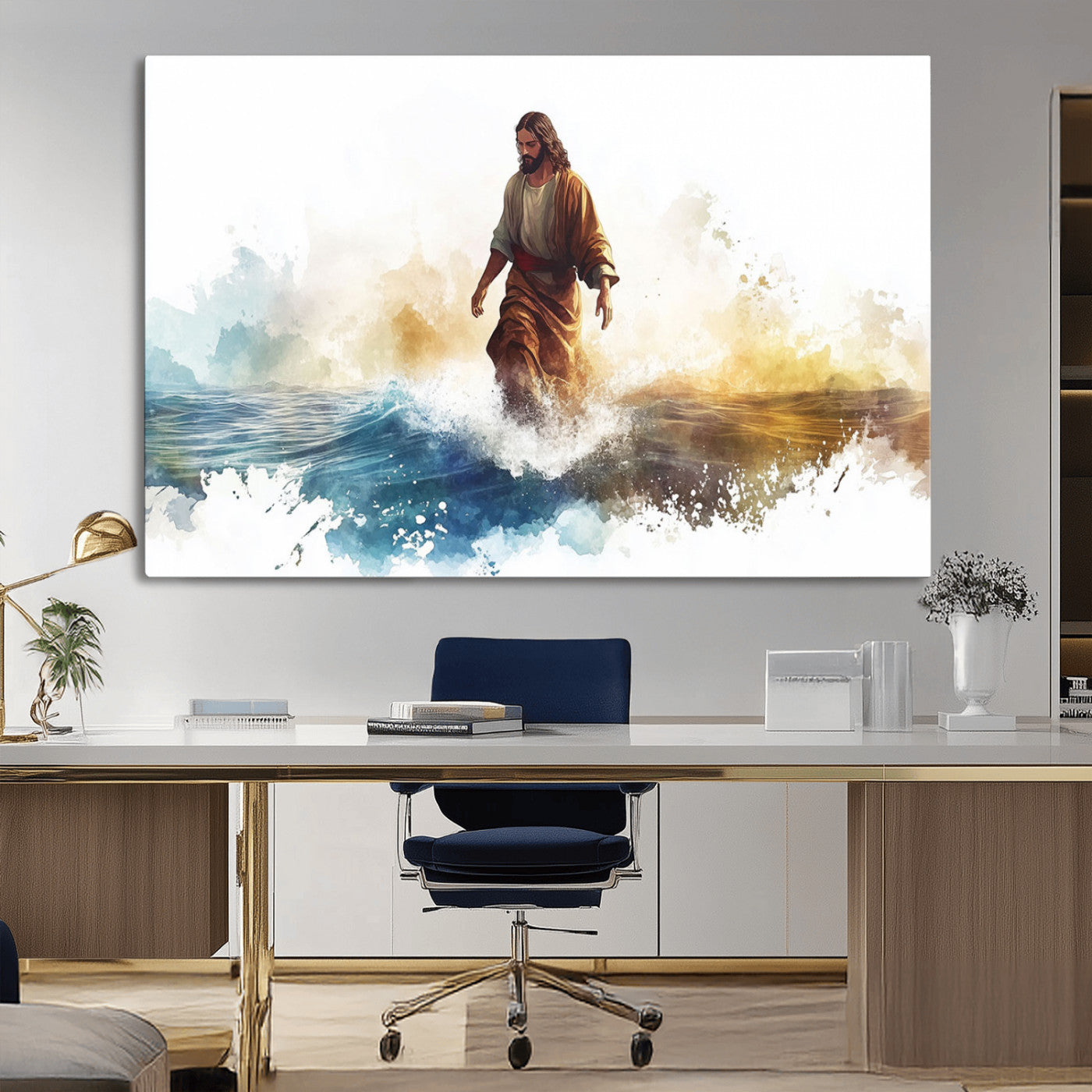 MGV-CV-36X24 - Watercolor Jesus Walking Wall Art Print, Jesus Water Canvas Print, Christian Wall Art, Jesus Christ