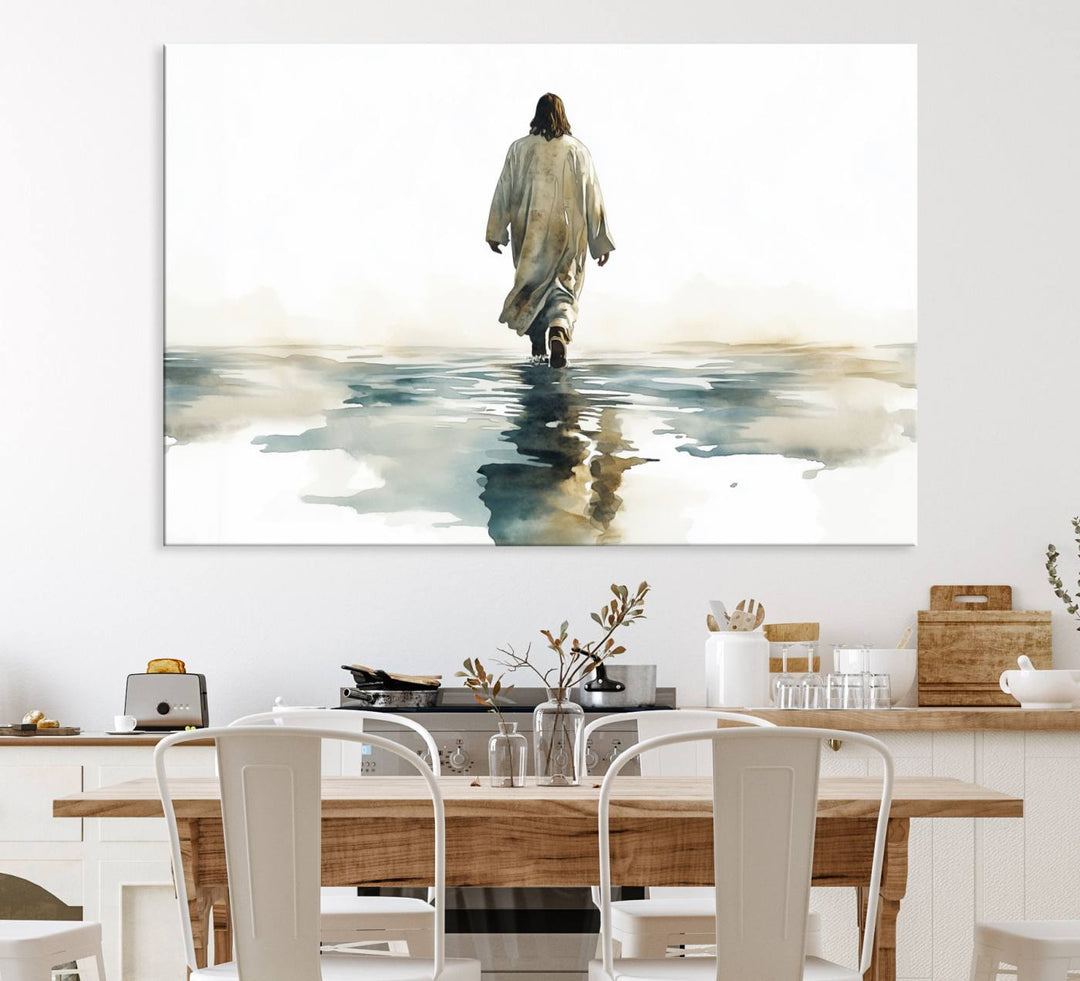 A Watercolor Jesus Walking on Water Christian wall art.