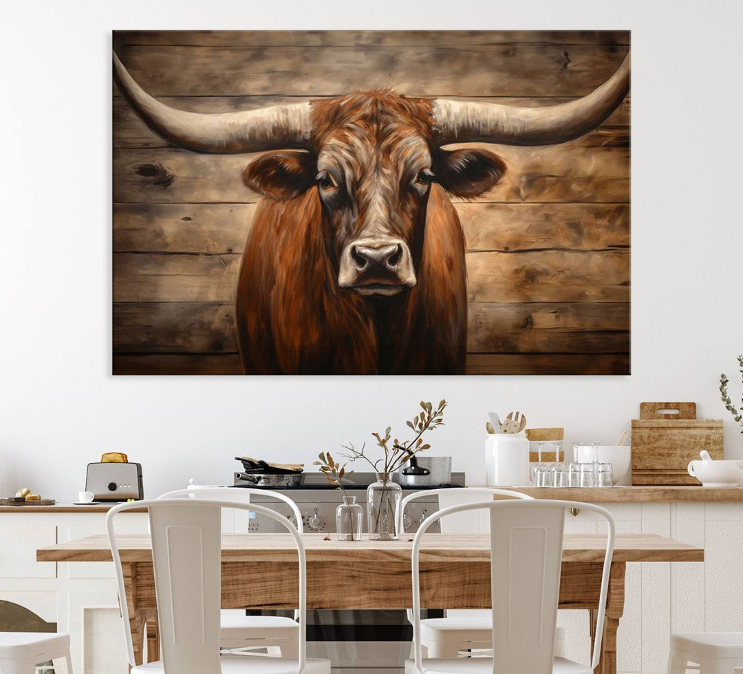 Longhorn Bull Canvas Print: Rustic Farmhouse Decor, Ready to Hang Western Barn Art.