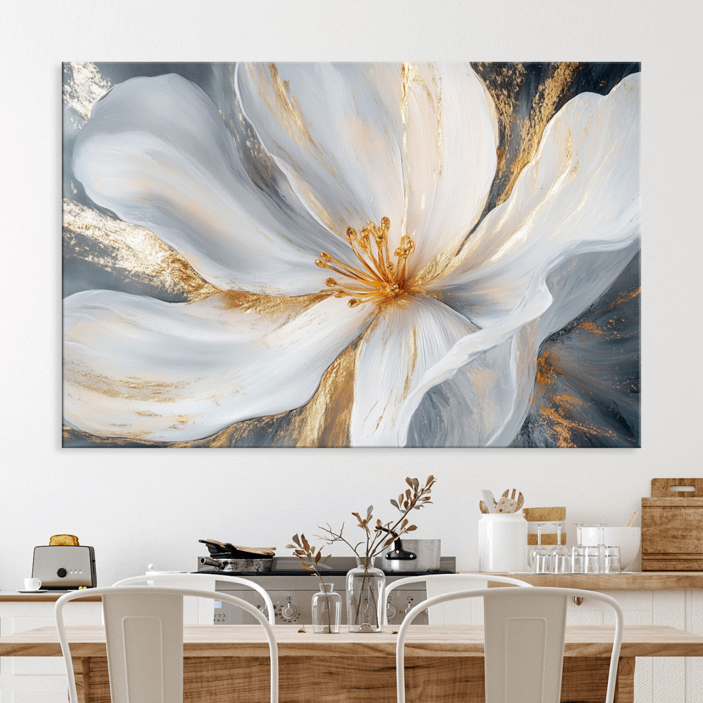 83149-MGV-CV-36X24-White and Gold Floral Canvas Wall Art - Framed and Ready to Hang - Perfect for Modern Living Rooms