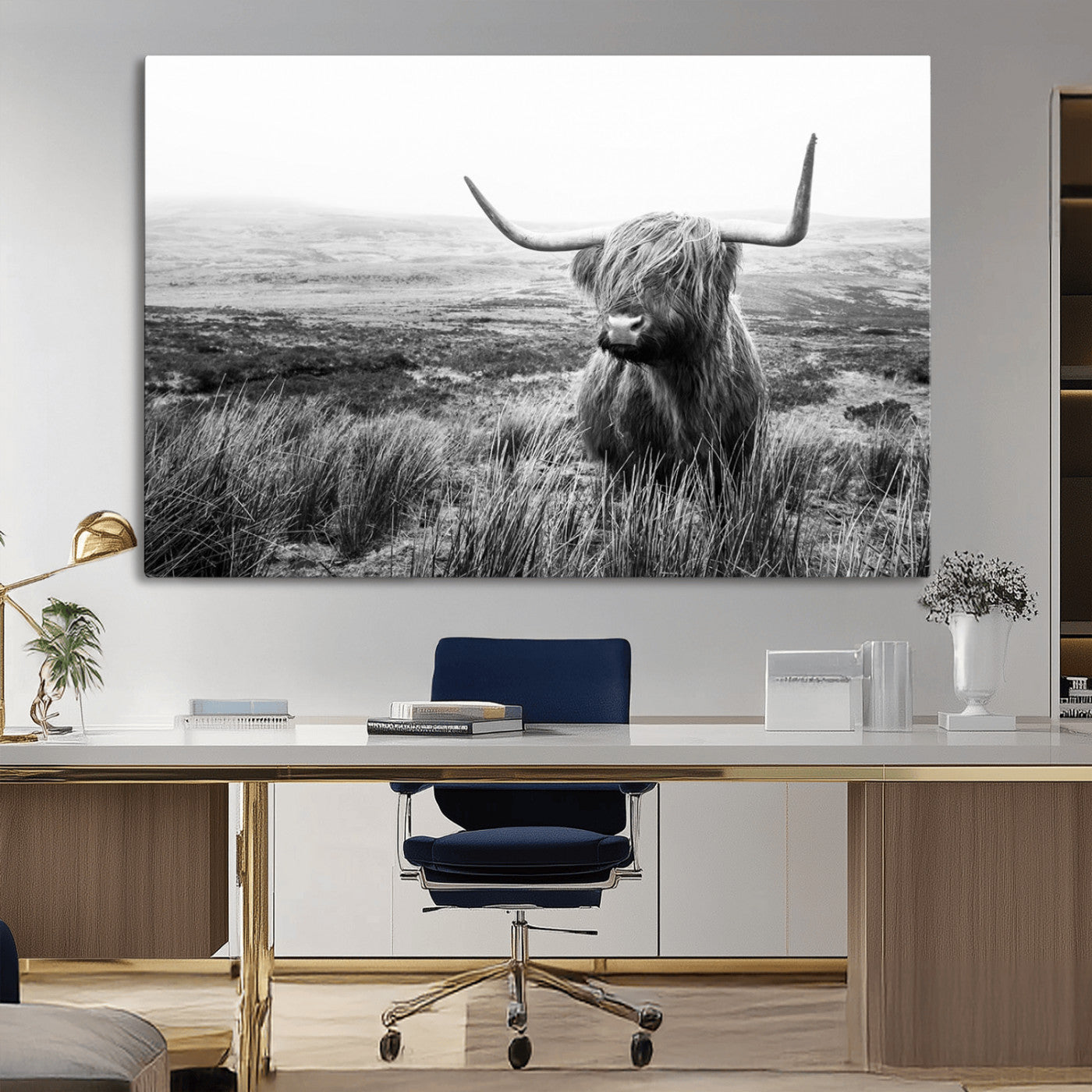 MGV-CV-36X24 - Scottish Highland Cow Wall Art | Black and White Canvas Print | Ready to Hang and Framed | Rustic