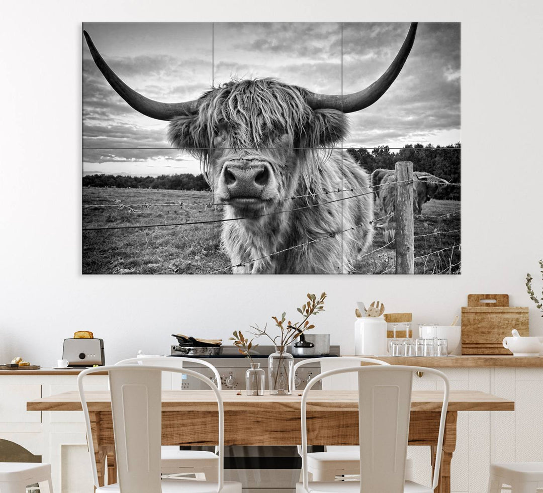 The Scottish Highland Cow Wall Art Canvas Print is ready to hang and framed, adding rustic farmhouse decor to your wall.