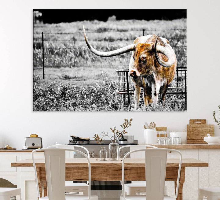 Majestic Texas Longhorn Cow Wall Art features a ready-to-hang canvas print that complements rustic farmhouse décor.