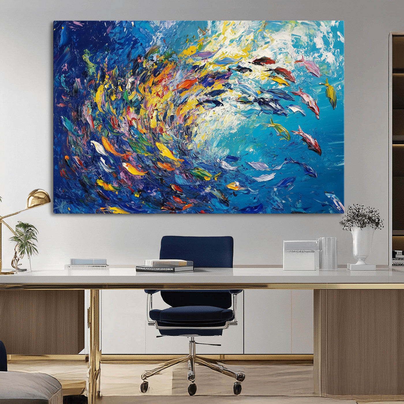 MGV-CV-36X24 - Colorful Swirling Fish School Wall Art Canvas Print | Oceanic Abstract Painting | Ready to Hang |