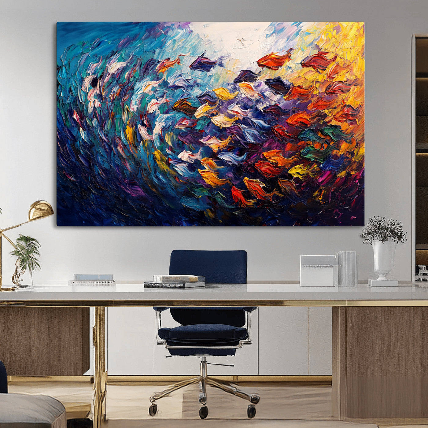 MGV-CV-36X24 - Vibrant Abstract Fish Swarm Art – Colorful Fish Inspired 3-Piece Canvas Wall Art for Living Room or