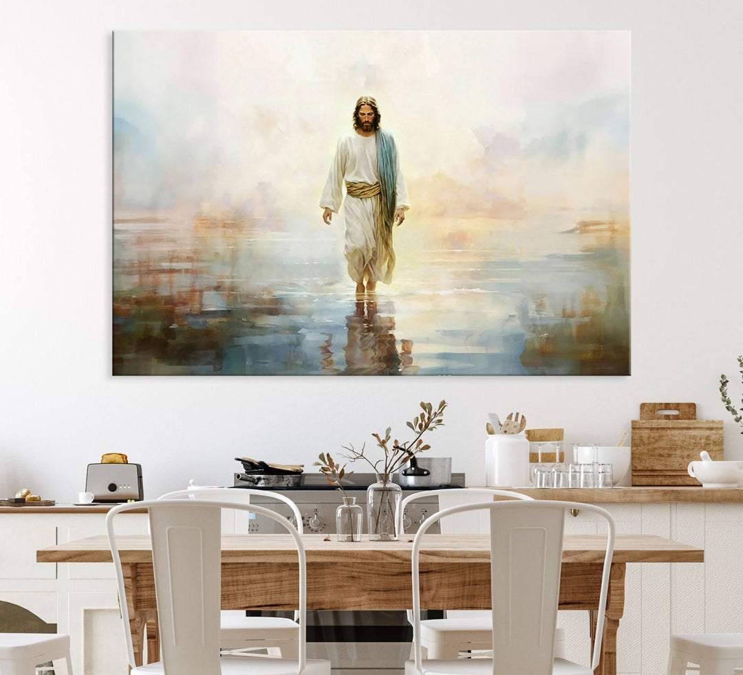 The 3-panel Framed Jesus Walking on Water Wall Art showcases a serene religious scene.