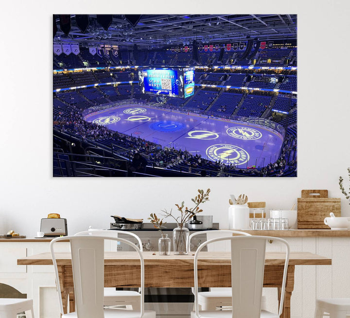 The wall art canvas print at Amalie Arena features team logos on ice, encapsulating the vibrant atmosphere of an NHL hockey stadium.