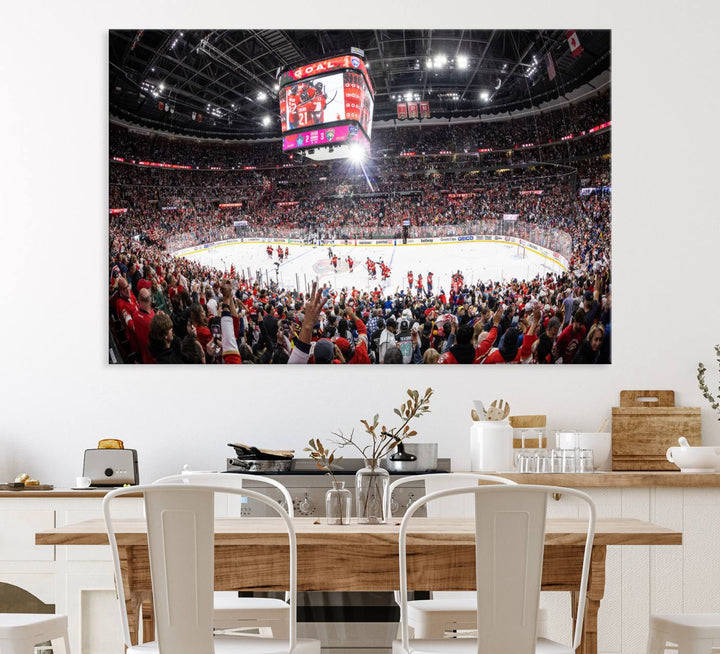 The wall art, a high-quality basketball arena canvas, evokes the excitement of fans cheering at the Amerant Bank Arena.