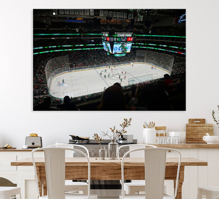 The Dallas Stars Wall Art Canvas Print is as clear as the scoreboard stats at a hockey game in a large arena with bright lights.