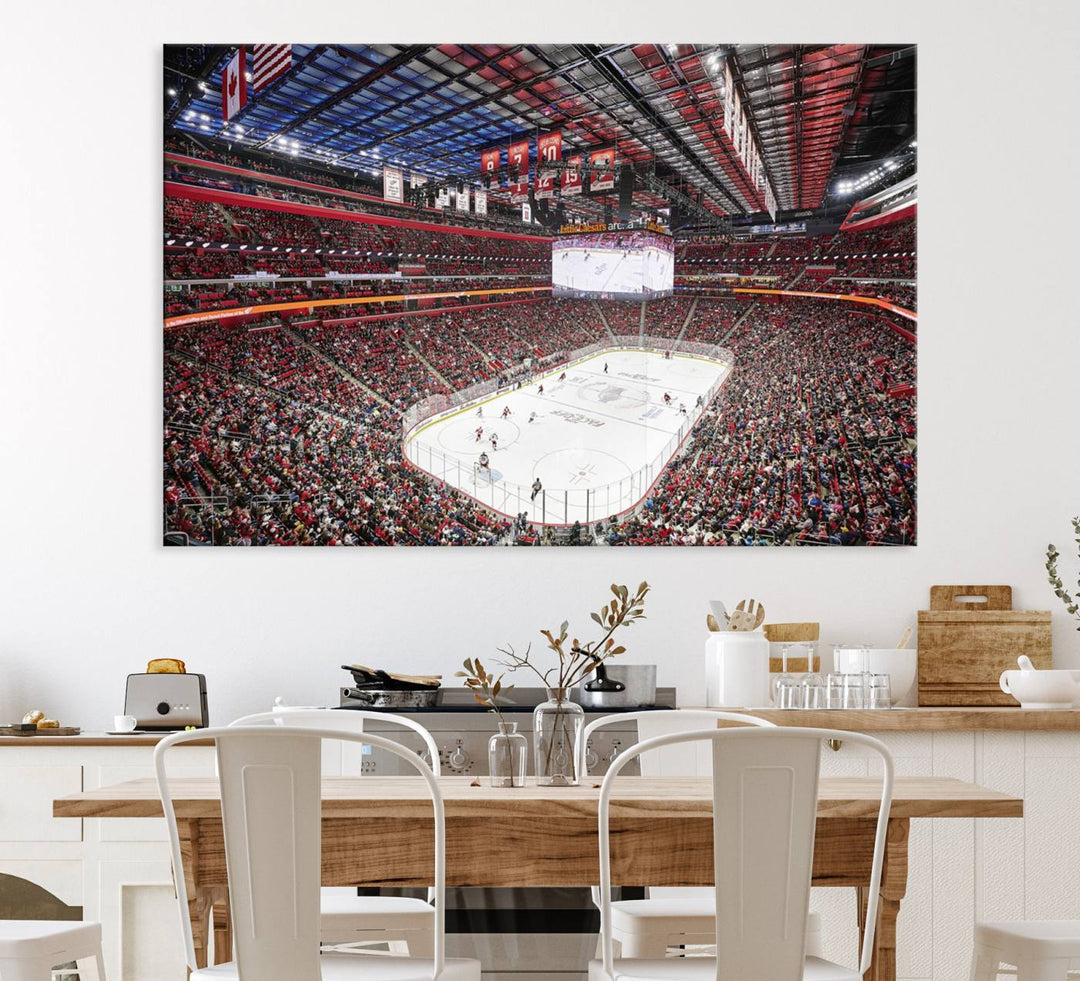 A Barton Malow canvas depicting Little Caesars Arena from above is beautifully printed in high resolution for your wall.