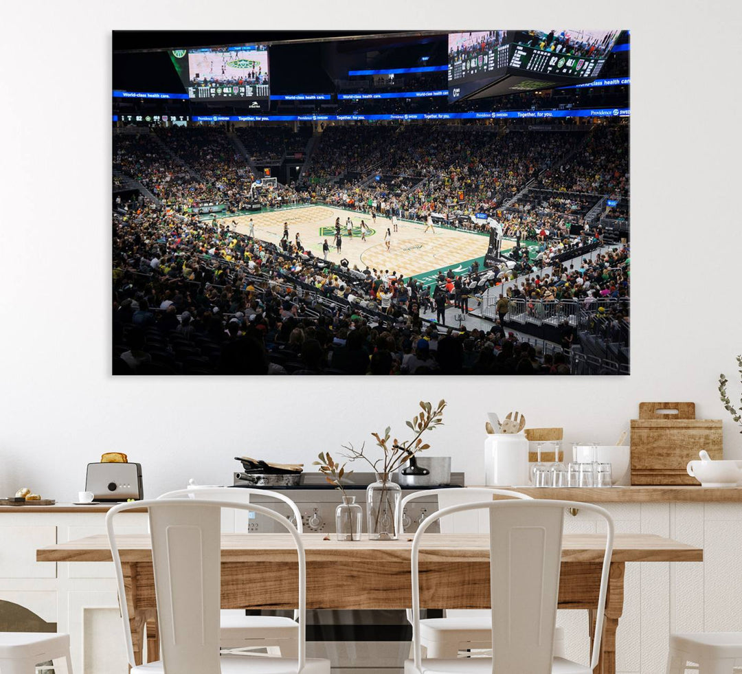 The Canvas Print of Climate Pledge Arena featuring the Seattle Kraken enhances a living room wall.