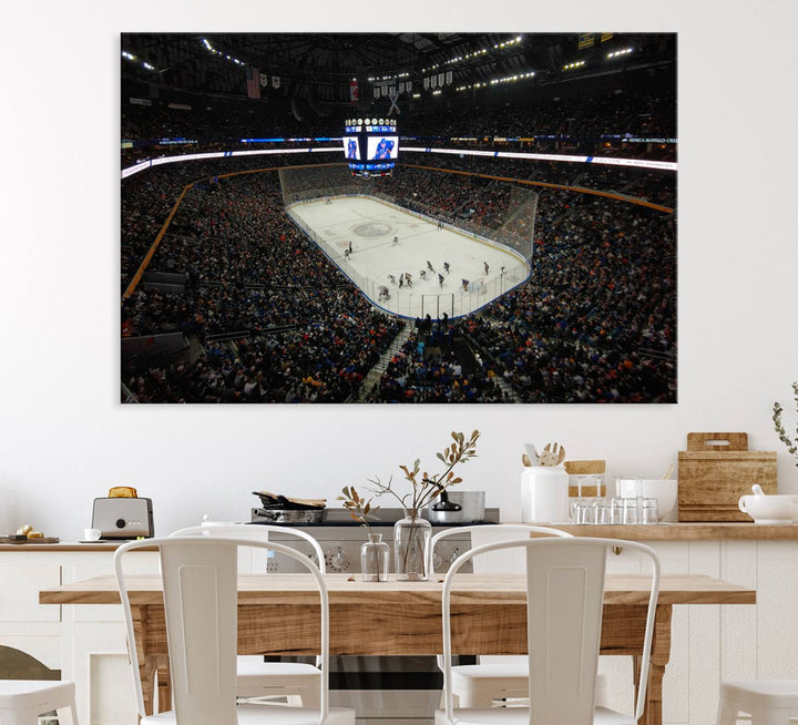 The wall art captures the essence of a Buffalo Sabres game on ice at KeyBank Center, making it deserving of a premium canvas print.