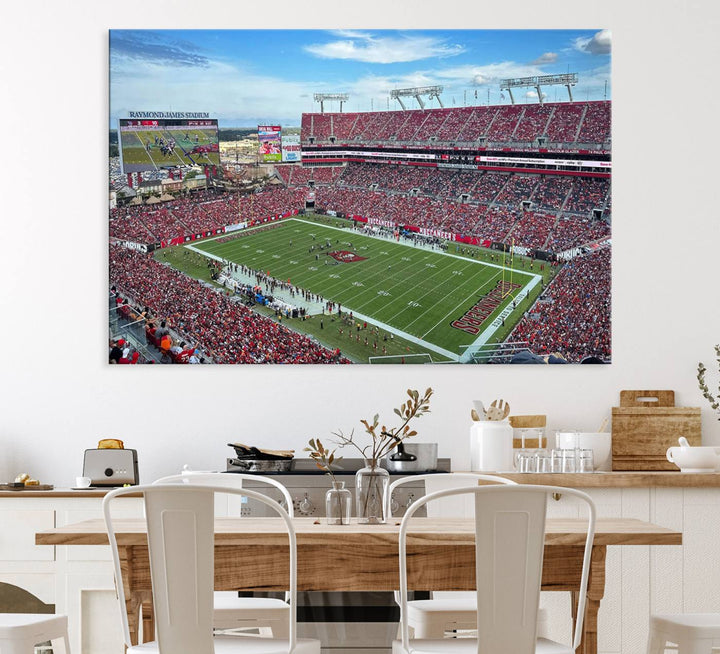 The Florida Tampa Raymond James Stadium Wall Art Canvas Print is featured above the cabinet.