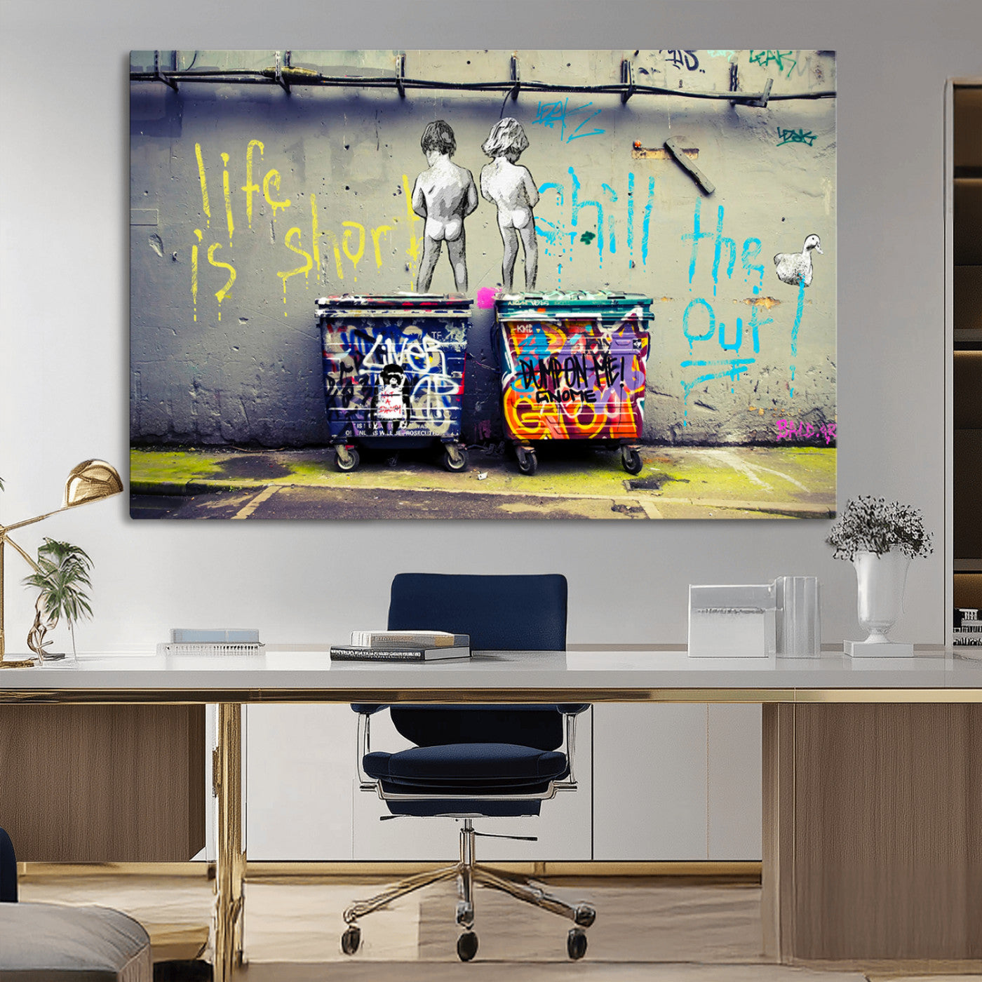 MGV-CV-36X24 - Banksy Life is Short Wall Art - Iconic Graffiti Art on Framed Ready-to-Hang Canvas - Street Art