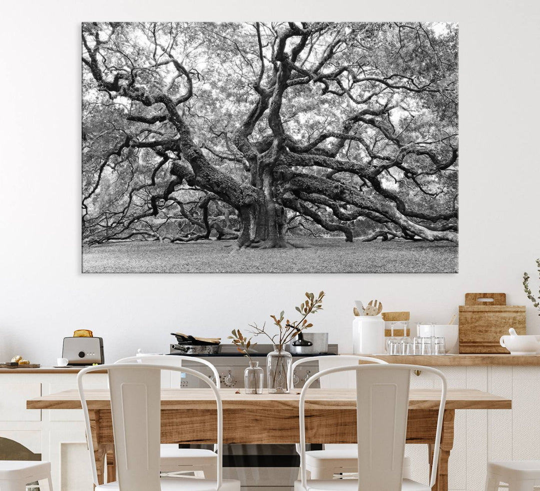 The Black White Angel Oak Tree wall art adds timeless, nature-inspired decor.