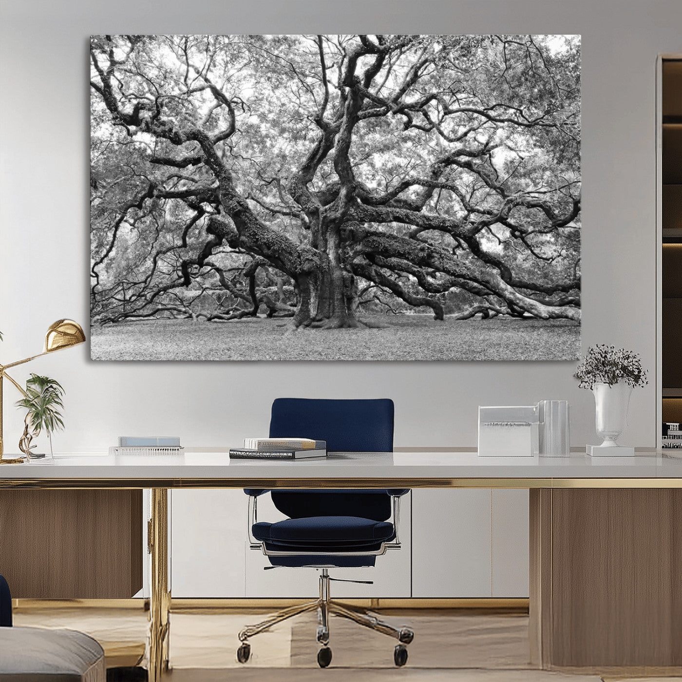 MGV-CV-36X24 - Black White Angel Oak Tree Wall Art - Timeless Nature-Inspired Canvas for Rustic, Modern, or