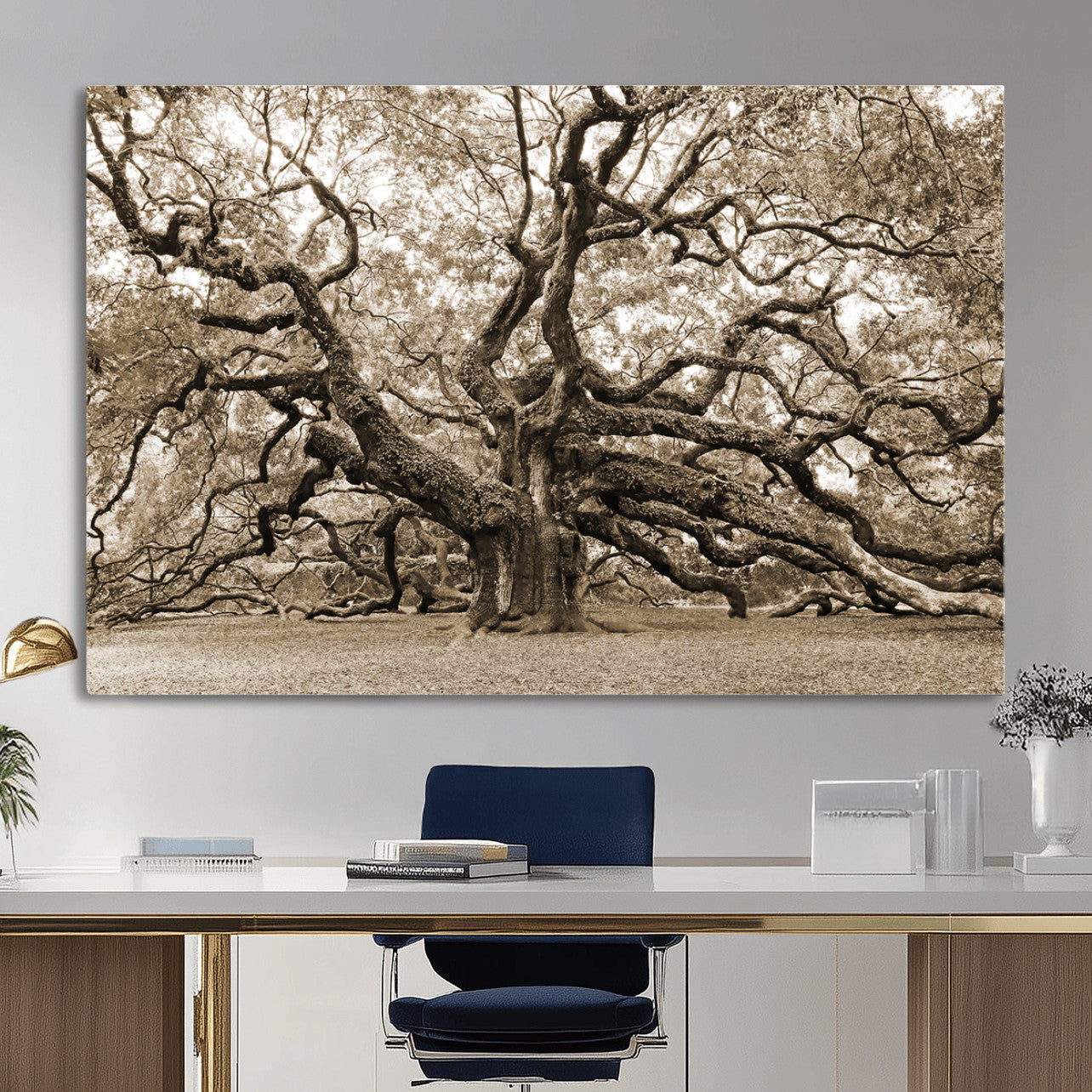 51126-MGV-CV-36X24 - Sepia Framed Angel Oak Tree Wall Art - 3-Panel Canvas Prints, Large Green Nature Artwork, Ready to