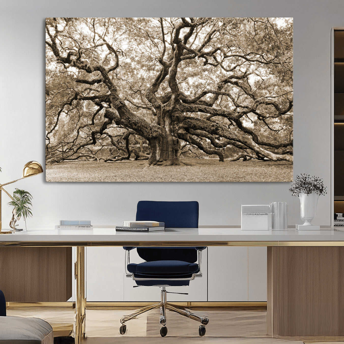 51126-MGV-CV-36X24-Sepia Framed Angel Oak Tree Wall Art - 3-Panel Canvas Prints, Large Green Nature Artwork, Ready to