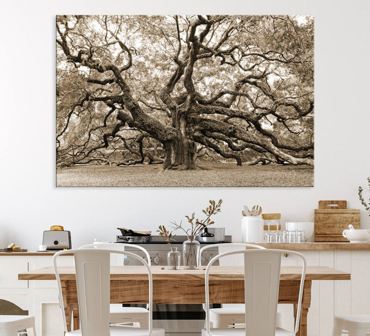 Displayed on the wall is a Sepia-framed Angel Oak Tree 3-panel canvas.