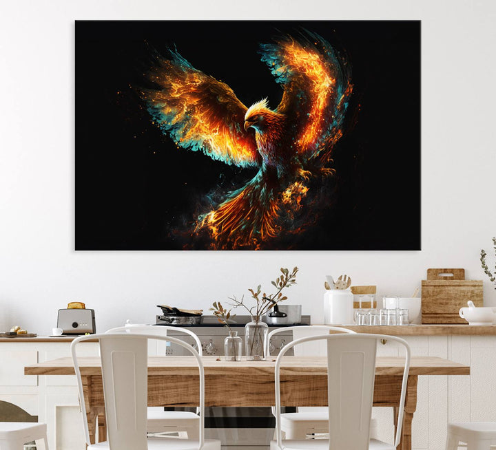 The Fiery Phoenix Canvas Print, showcasing a majestic bird with fiery wings against a black background, makes for the perfect bold decor in your living room.