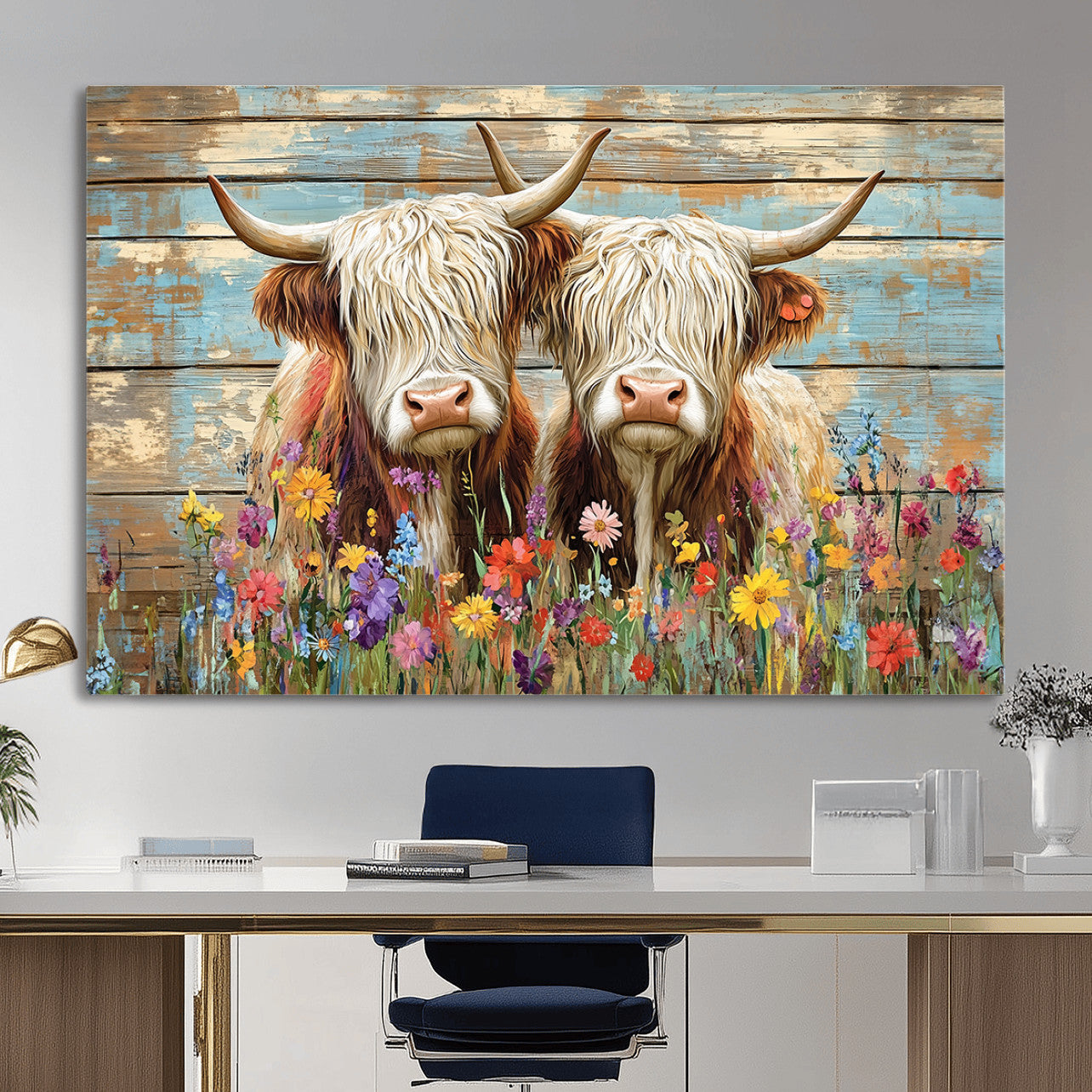 36972-MGV-CV-36X24 - Cute Highland Cow Canvas Wall Art - Rustic Farmhouse Decor with Colorful Flowers Perfect Wall Art