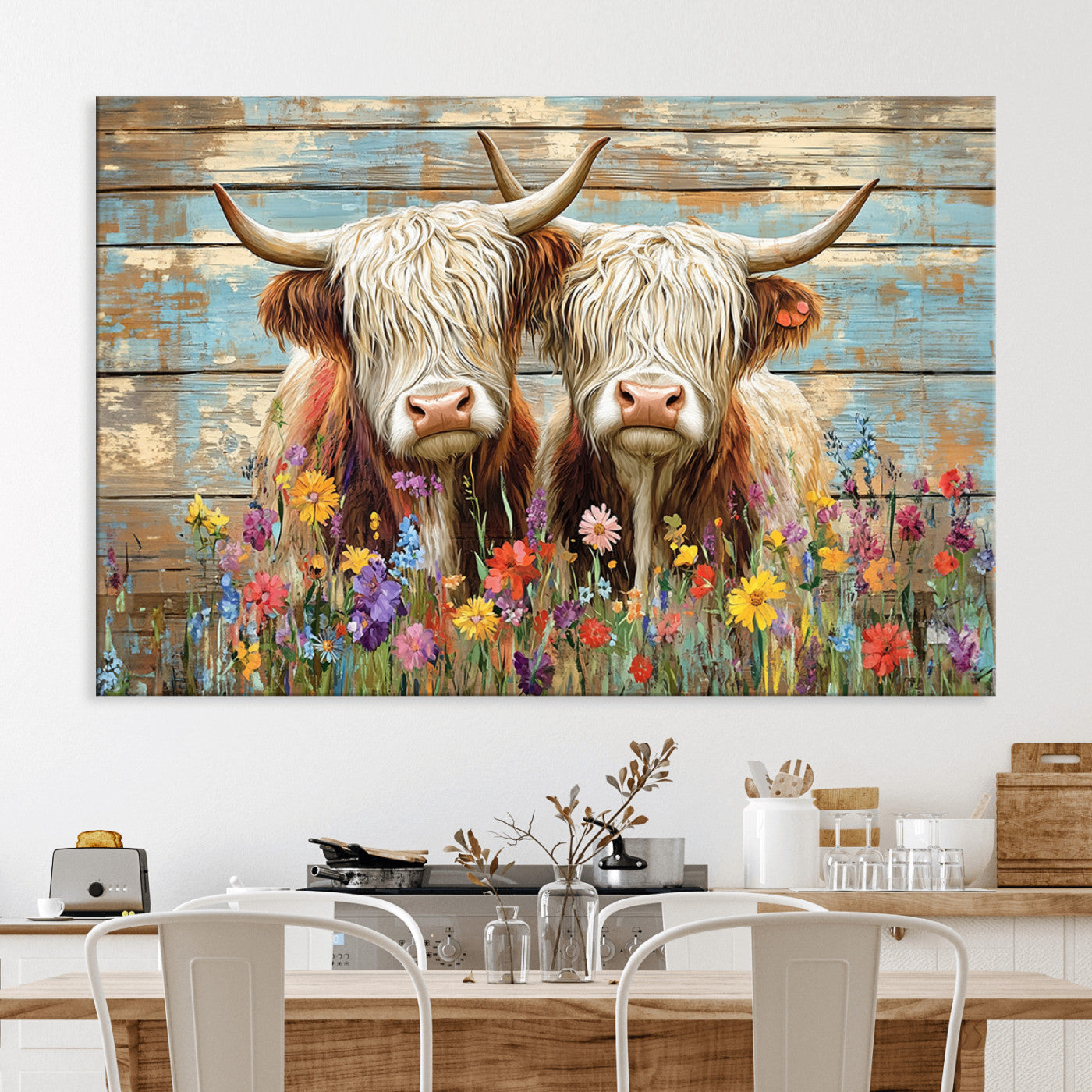 36972-MGV-CV-36X24-Cute Highland Cow Canvas Wall Art - Rustic Farmhouse Decor with Colorful Flowers Perfect Wall Art for Home