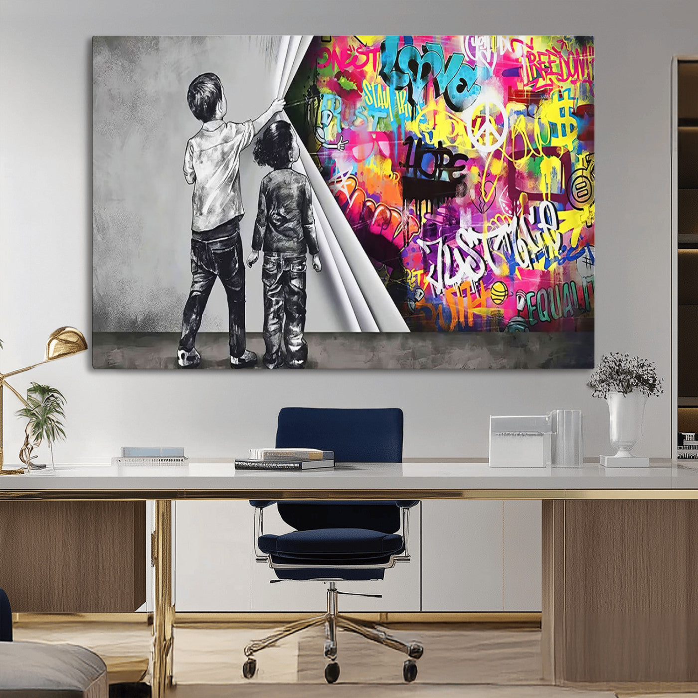 MGV-CV-36X24 - Banksy Print - Street Art Canvas Wall Art - Kids Revealing Graffiti, Urban Modern Decor for Living