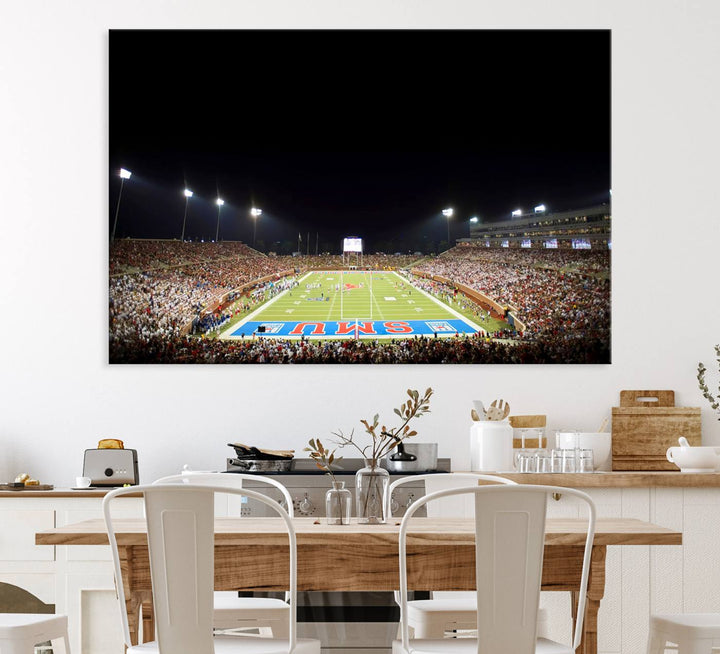 Wide-angle view of a vibrant painting depicting SMU Mustangs Football at Dallas Gerald J. Ford Stadium, capturing the energy and excitement of a filled stadium and brightly lit field.