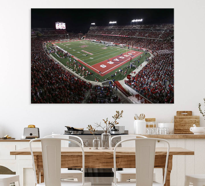 Aerial view of TDECU Stadium at night on the Houston Cougars Football Wall Art Canvas Print.