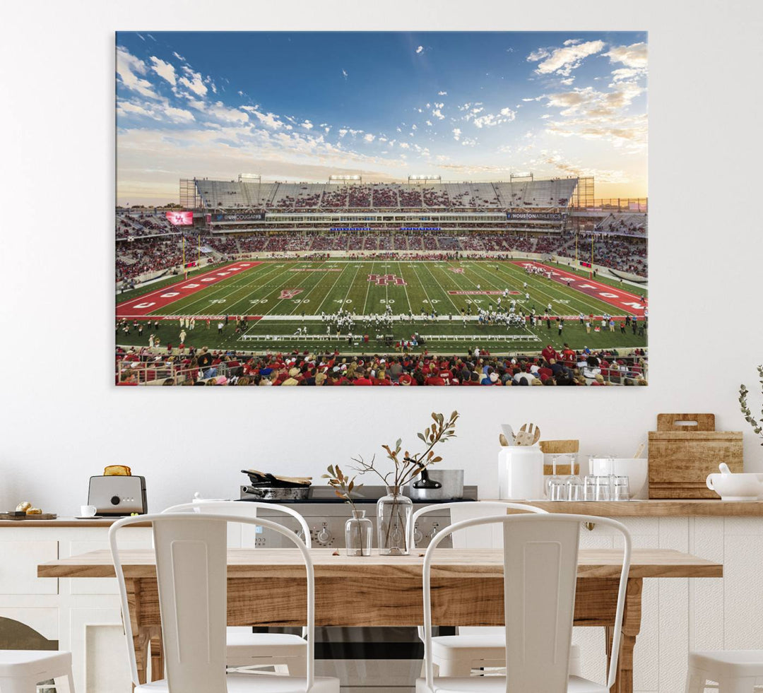 A Houston Cougars print of TDECU Stadium with a game crowd beautifully enhances the living room decor.