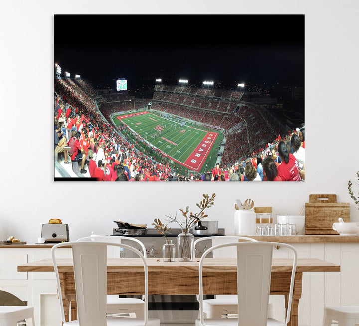 The wall art canvas print features a scene from a packed TDECU Stadium at night, highlighting the field and scoreboard.