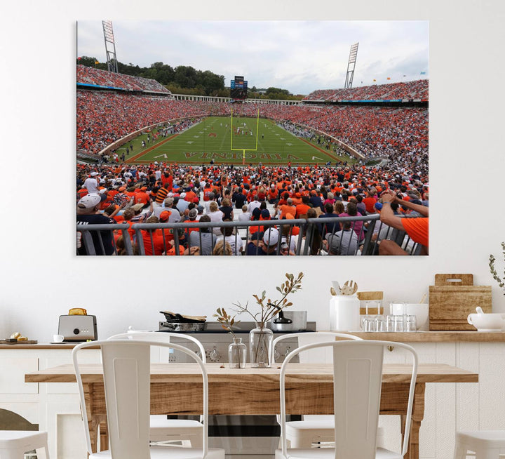 The Virginia Cavaliers Wall Art Canvas Print features a thrilling game at Scott Stadium surrounded by greenery.