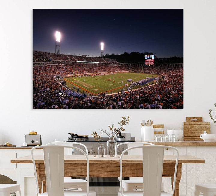 A nighttime game at Scott Stadium, floodlit—a scene from the Virginia Cavaliers Football art print.