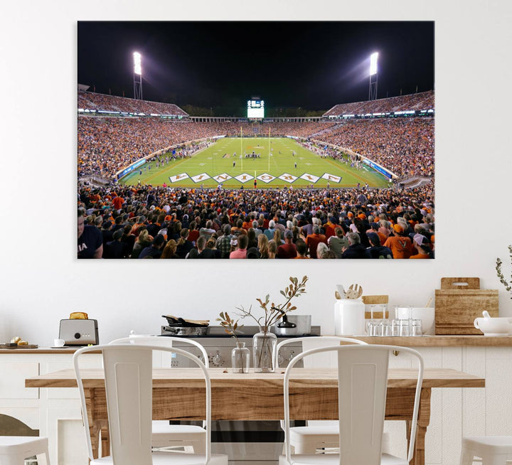 A Virginia Cavaliers Wall Art Canvas Print captures Scott Stadium filled with fans under the night sky.