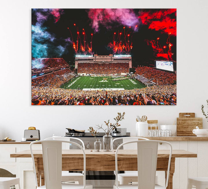 A Hokies football canvas print displays Lane Stadium at night with fireworks.