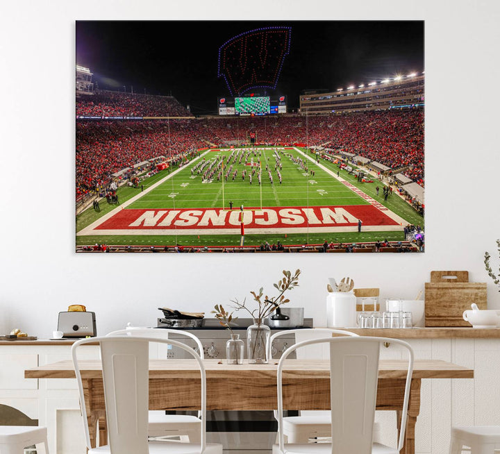 A premium canvas print captures a vibrant scene of Camp Randall Stadium featuring a lively football game with cheering fans and the energetic movements of the band.