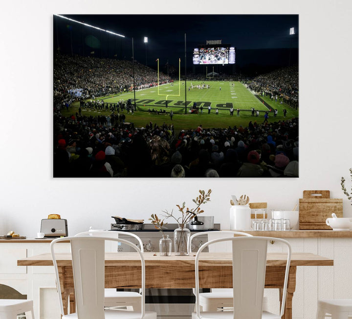 A Purdue Boilermakers canvas print beautifully showcases Ross–Ade Stadium in West Lafayette, vibrant with fans and a large screen display.