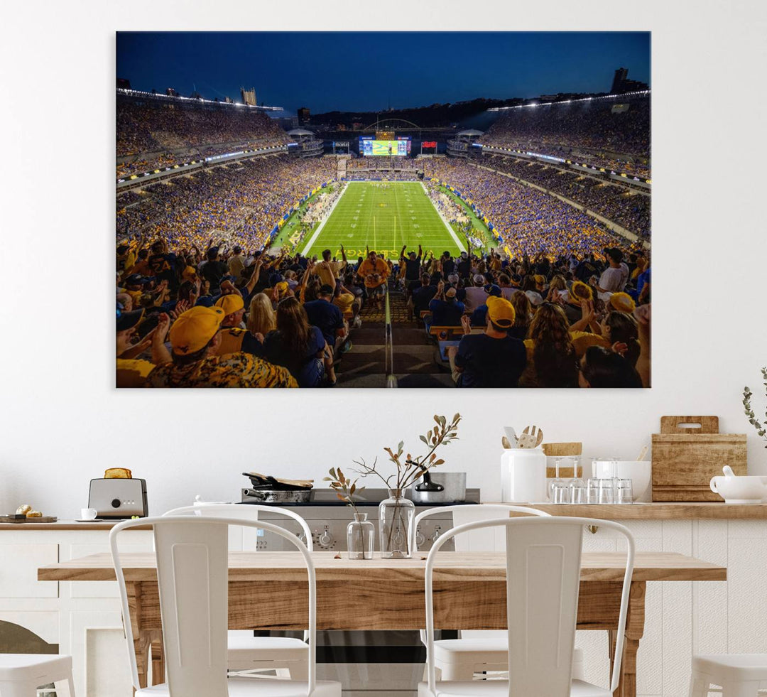 A Pittsburgh Panthers Acrisure Stadium canvas print captures the thrill of a packed stadium under lights and fans cheering.