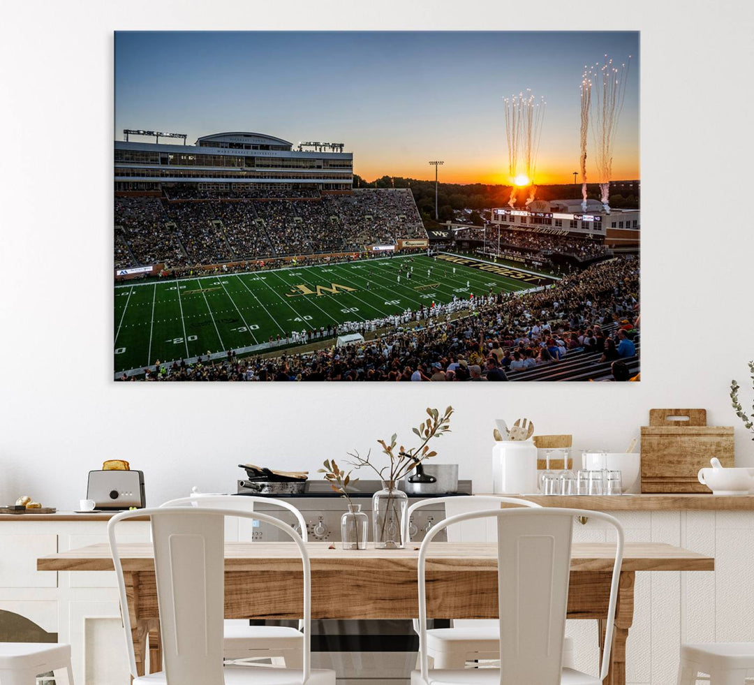 Canvas wall art print depicting the Demon Deacons football stadium at sunset with fireworks.