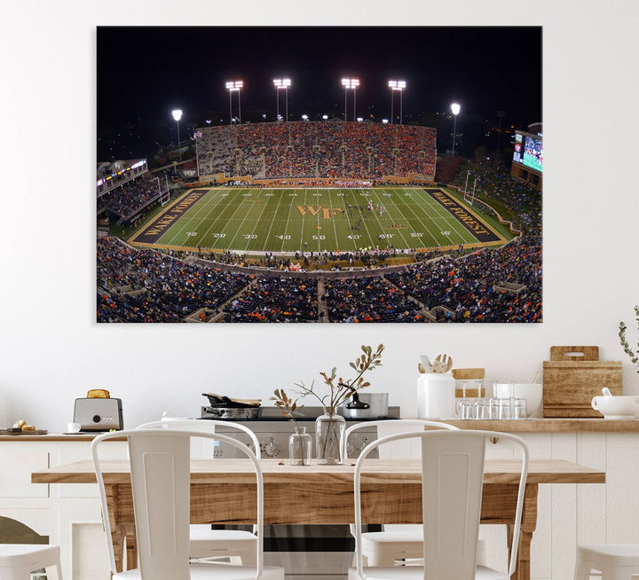 The Demon Deacons stadium print captures a brightly lit, bustling scene on museum-quality canvas.