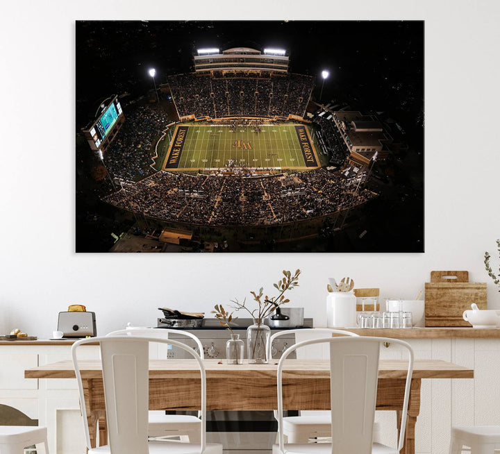 Canvas wall art displays an aerial view of Wake Forest Demon Deacons stadium at night.