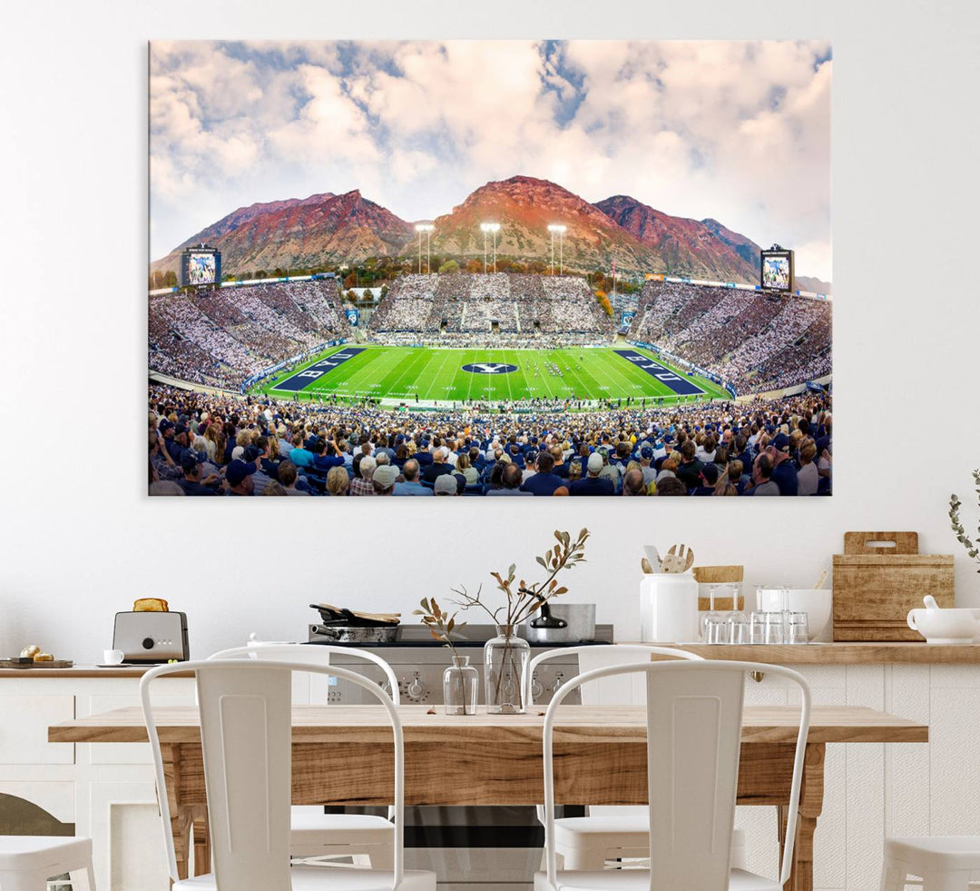 A museum-quality canvas featuring BYU Cougars Football at LaVell Edwards Stadium with a stunning mountain view.