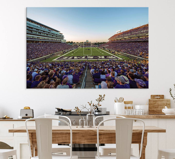 Sunset view of fans in purple at Bill Snyder Family Stadium, captured in a stunning gallery wall art canvas, perfect for a modern living room or office.