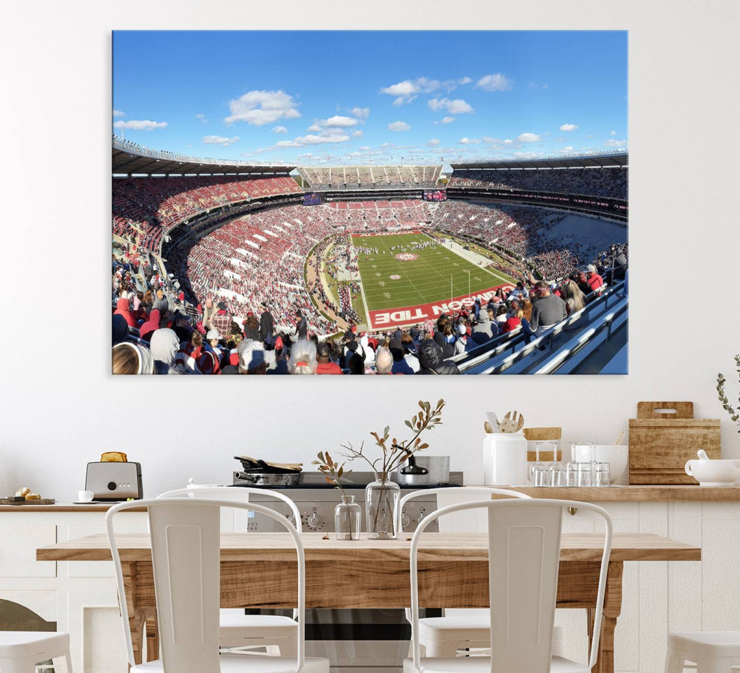 Canvas print of Alabama Crimson Tides Bryant-Denny Stadium, showcasing a sunlit field under a blue sky.