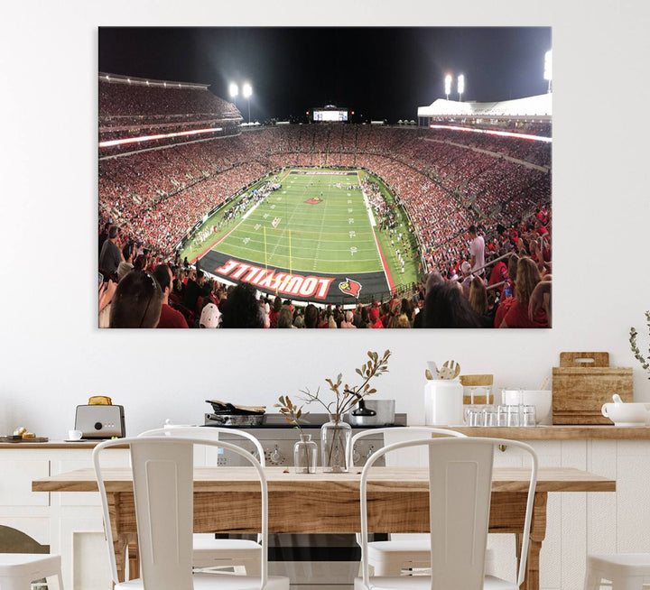 Panoramic view of a crowded football stadium with Louisville in the end zone, crafted as University of Louisville wall art.