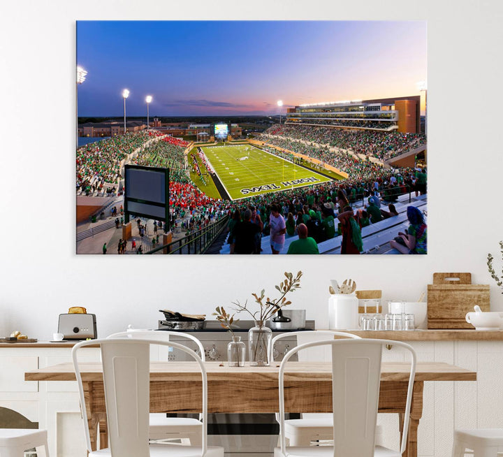 The canvas features Denton DATCU Stadium, OZEKI FIELD, illuminated under the lights and vibrant with fans supporting the University of North Texas.