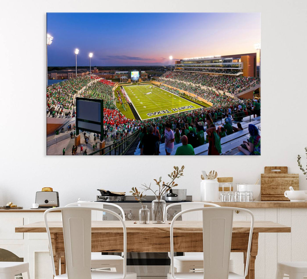 Aerial view of University of North Texas DATCU Stadium at sunset on canvas, showcasing a colorful sky.