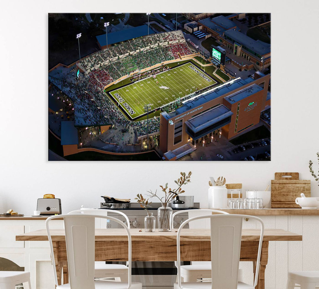 Night aerial view of fans at UNT Mean Green game captured on premium DATCU Stadium canvas wall art print.