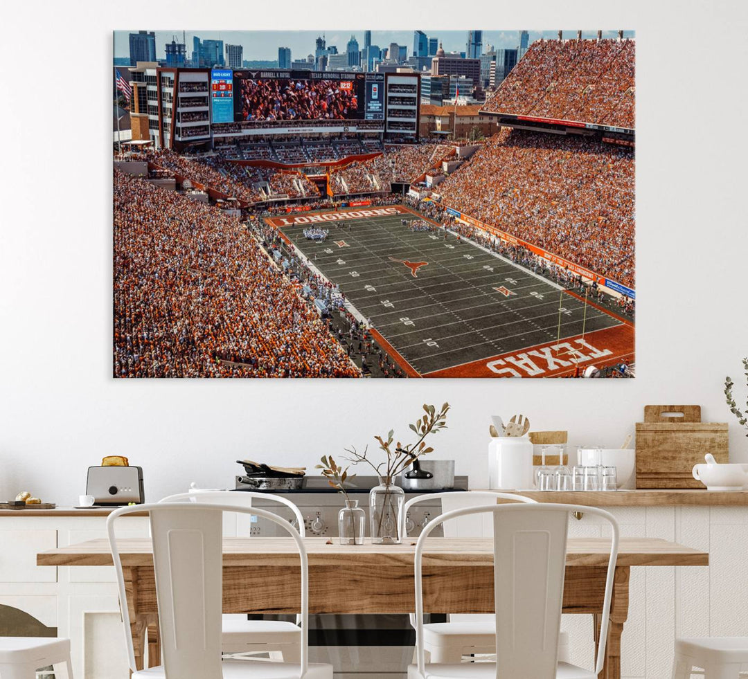 A premium canvas wall art featuring the University of Texas Longhorns stadium, showcasing a vibrant sea of orange.