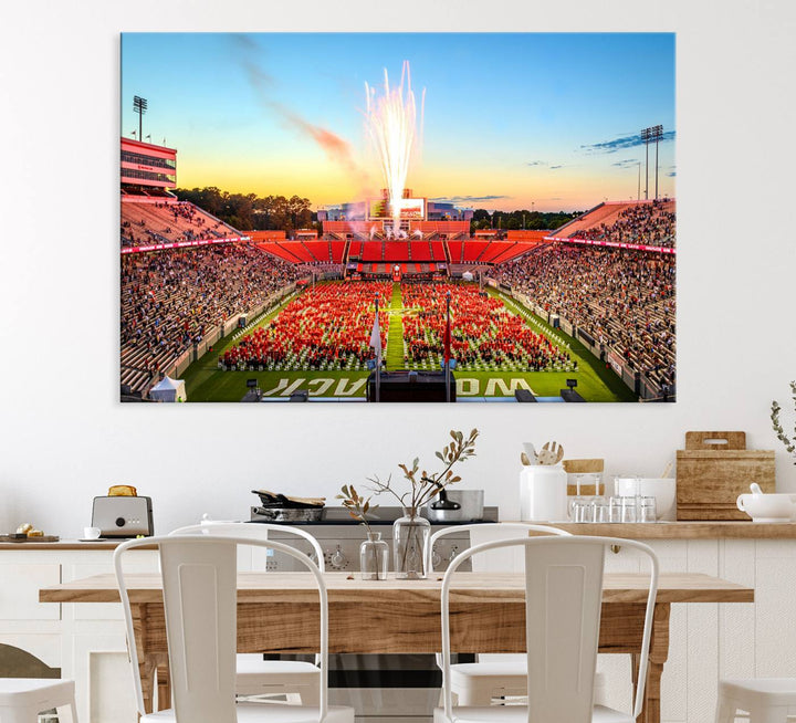 A vibrant North Carolina State University Wolfpack print, capturing a people-filled stadium, fireworks, and a sunset—perfect for your living room wall.